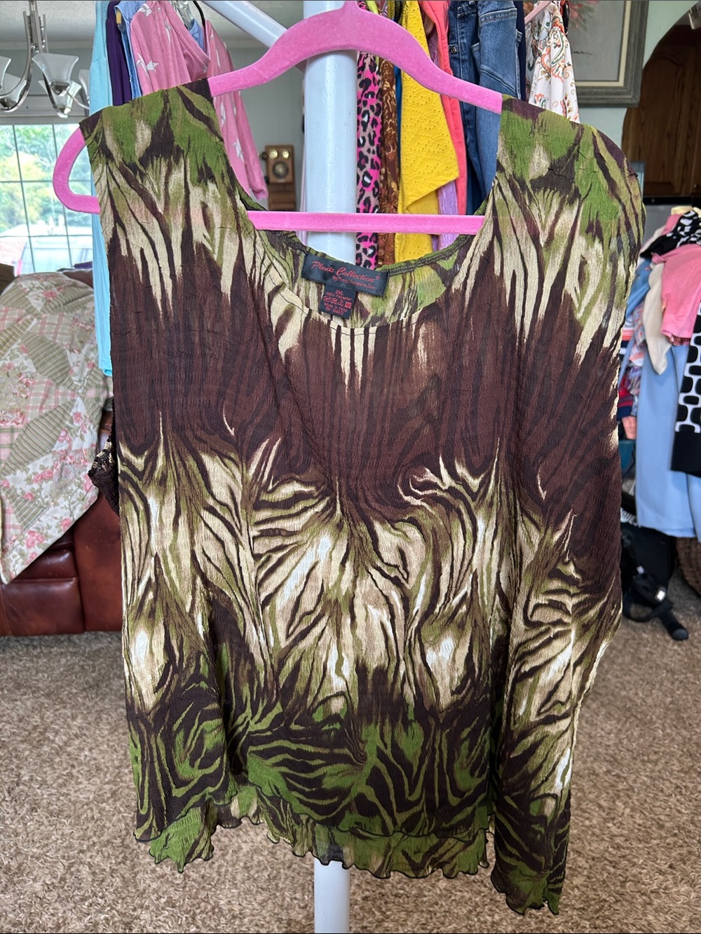 Pleats Collection Mixed Green & Brown Printed Sleeveless Tank Top Size 2XL